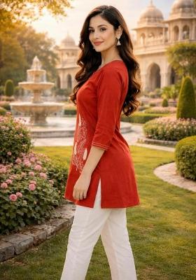 Orange Embroidery Cotton Kurta