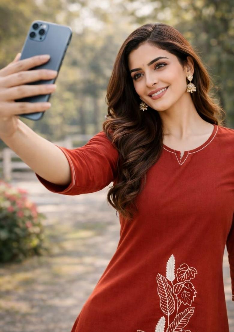 Orange Embroidery Cotton Kurta - Indya