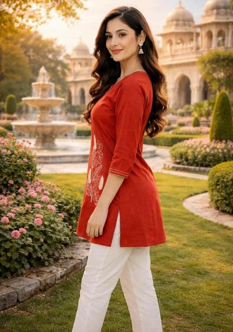 Orange Embroidery Cotton Kurta