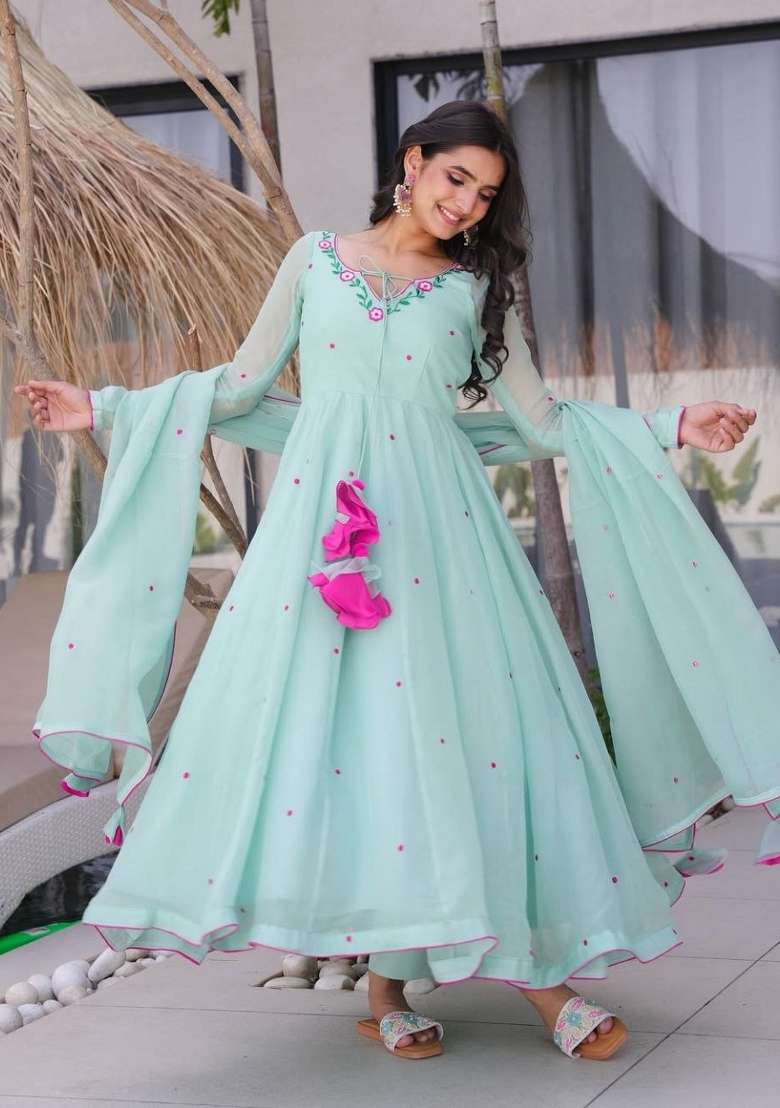 Sky Blue Embroidery Georgette Kurta Set - Indya