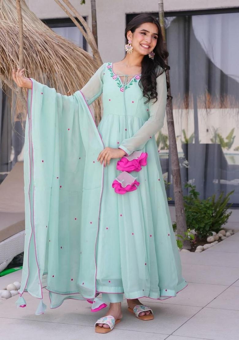 Sky Blue Embroidery Georgette Kurta Set - Indya