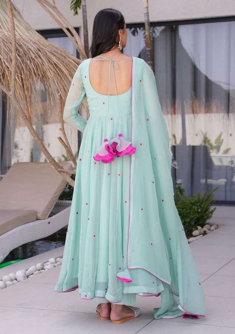 Sky Blue Embroidery Georgette Kurta Set - Indya