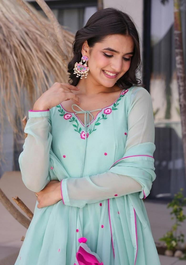 Sky Blue Embroidery Georgette Kurta Set - Indya