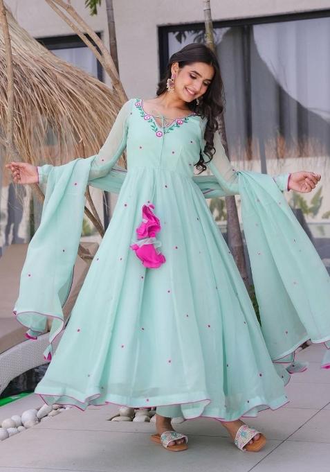 Sky Blue Embroidery Georgette Kurta Set