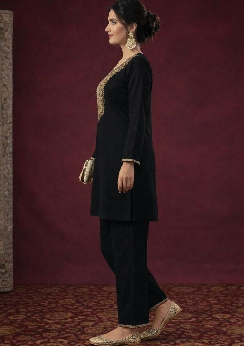 Black Embroidery Rayon Kurta Set - Indya