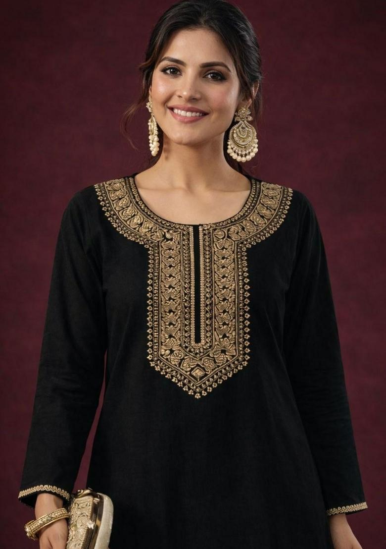 Black Embroidery Rayon Kurta Set - Indya