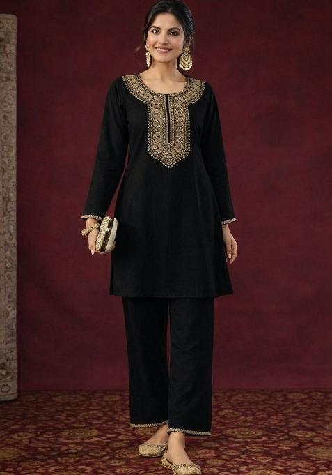 Black Embroidery Rayon Kurta Set