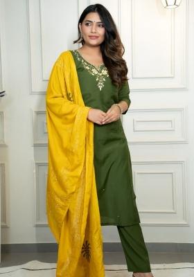 Green Embroidery Silk Kurta Set