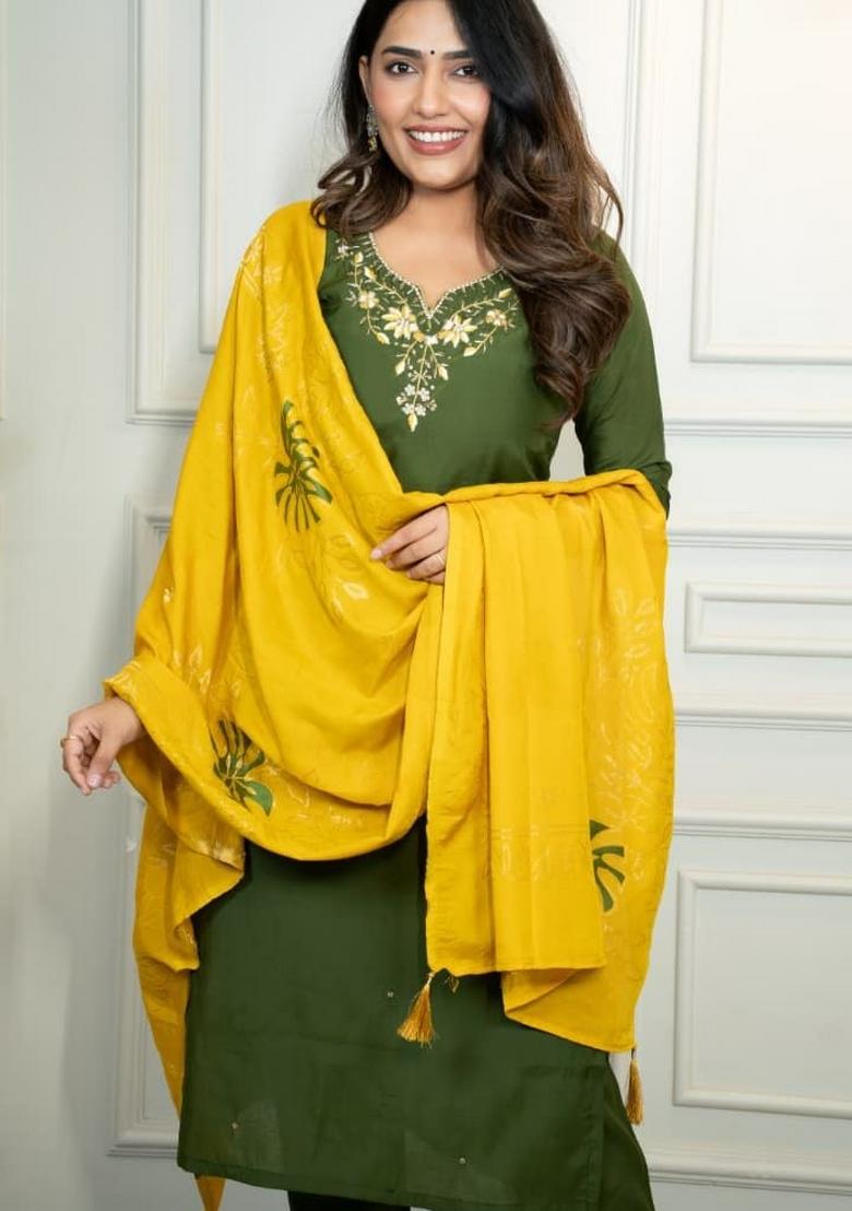 Green Embroidery Silk Kurta Set - Indya