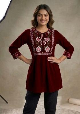 Maroon Embroidery Rayon Kurta