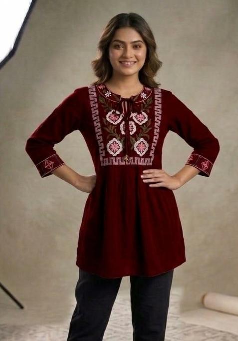 Maroon Embroidery Rayon Kurta