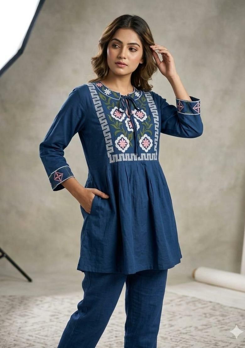 Blue Embroidery Rayon Kurta - Indya