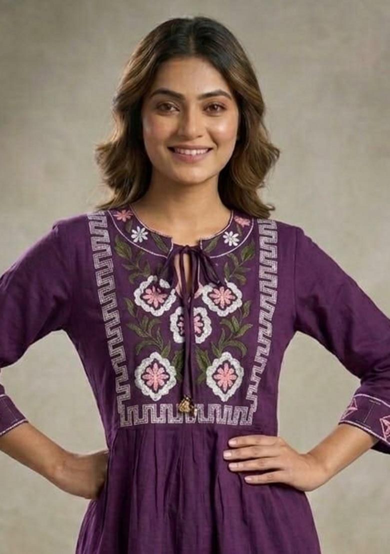 Purple Embroidery Rayon Kurta - Indya