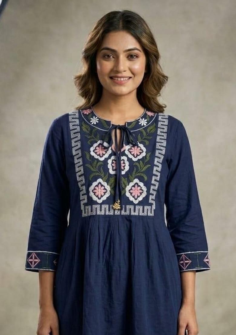 Dark Blue Embroidery Rayon Kurta - Indya