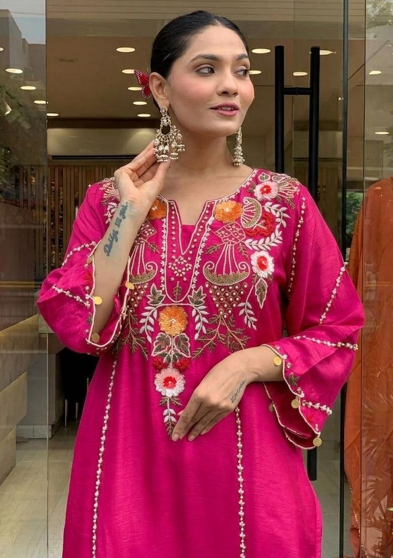 Rani Pink Embroidery Silk Kurta Set - Indya