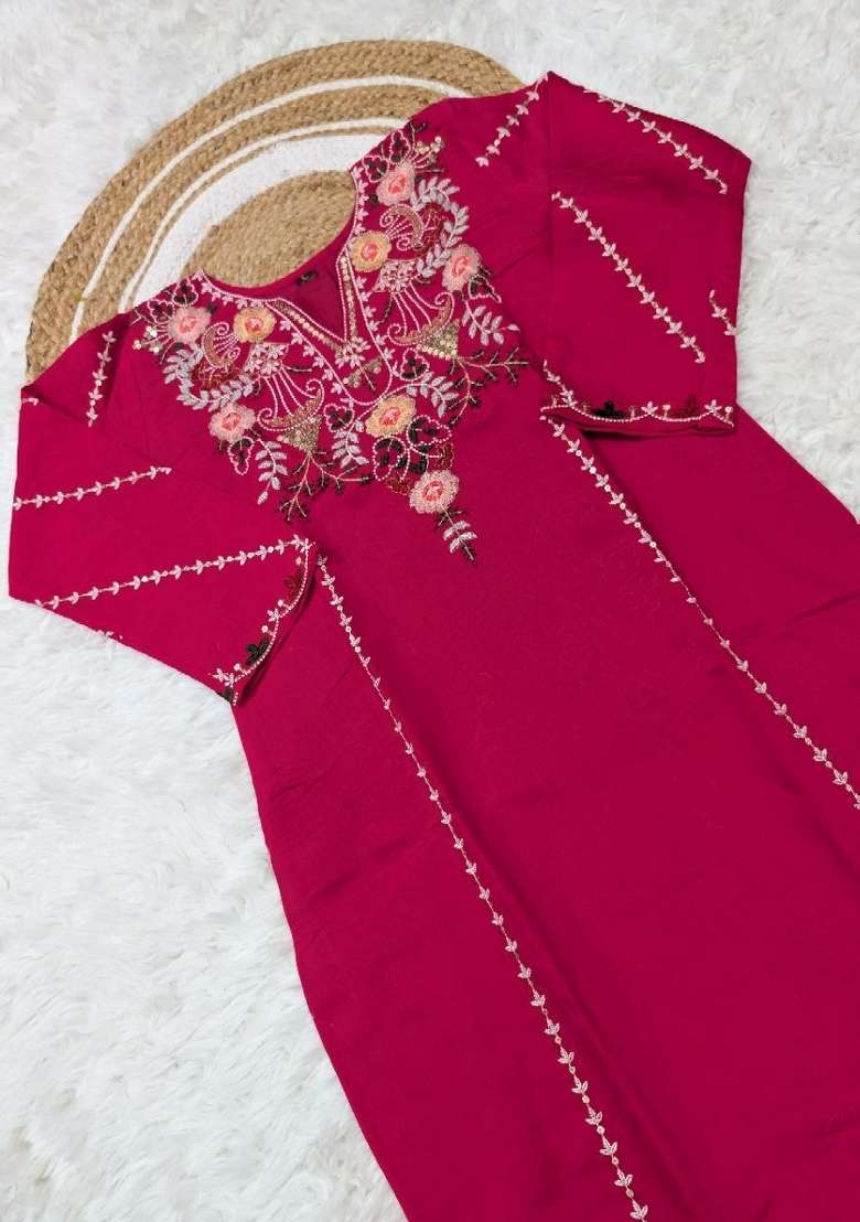 Rani Pink Embroidery Silk Blend Kurta Set - Indya