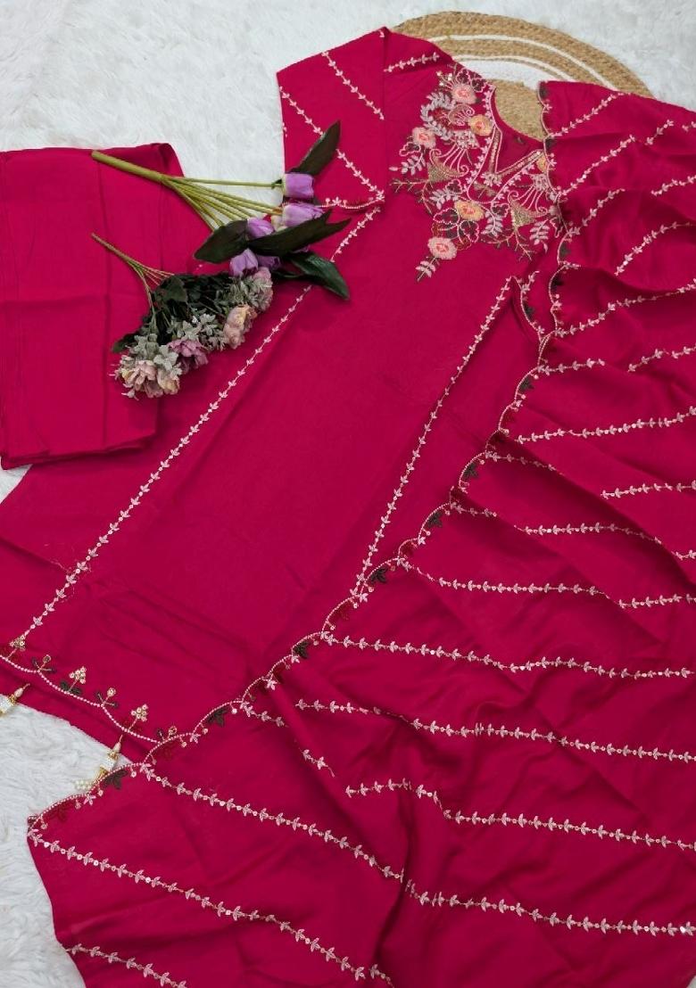 Rani Pink Embroidery Silk Kurta Set - Indya