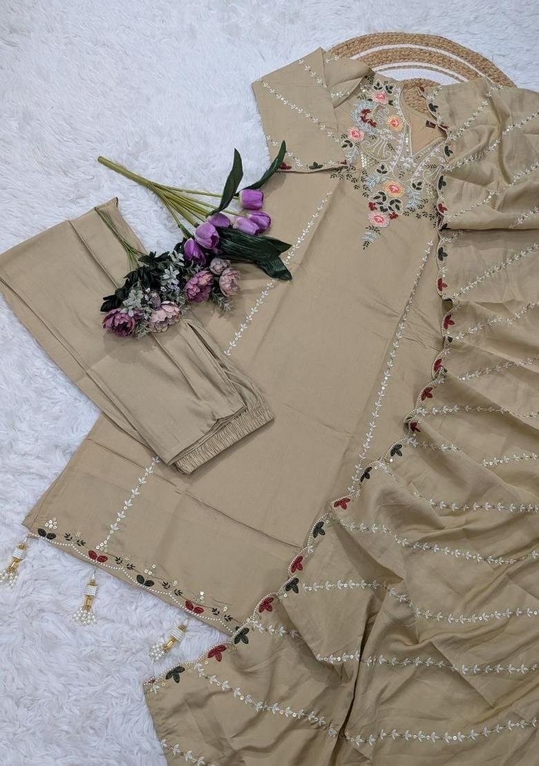 Beige Embroidery Silk Kurta Set - Indya