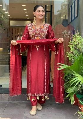 Red Embroidery Silk Kurta Set