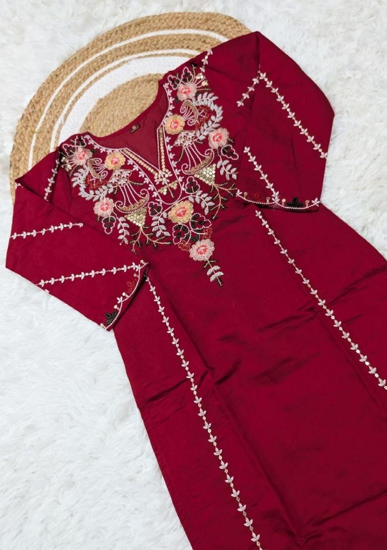 Red Embroidery Silk Kurta Set - Indya