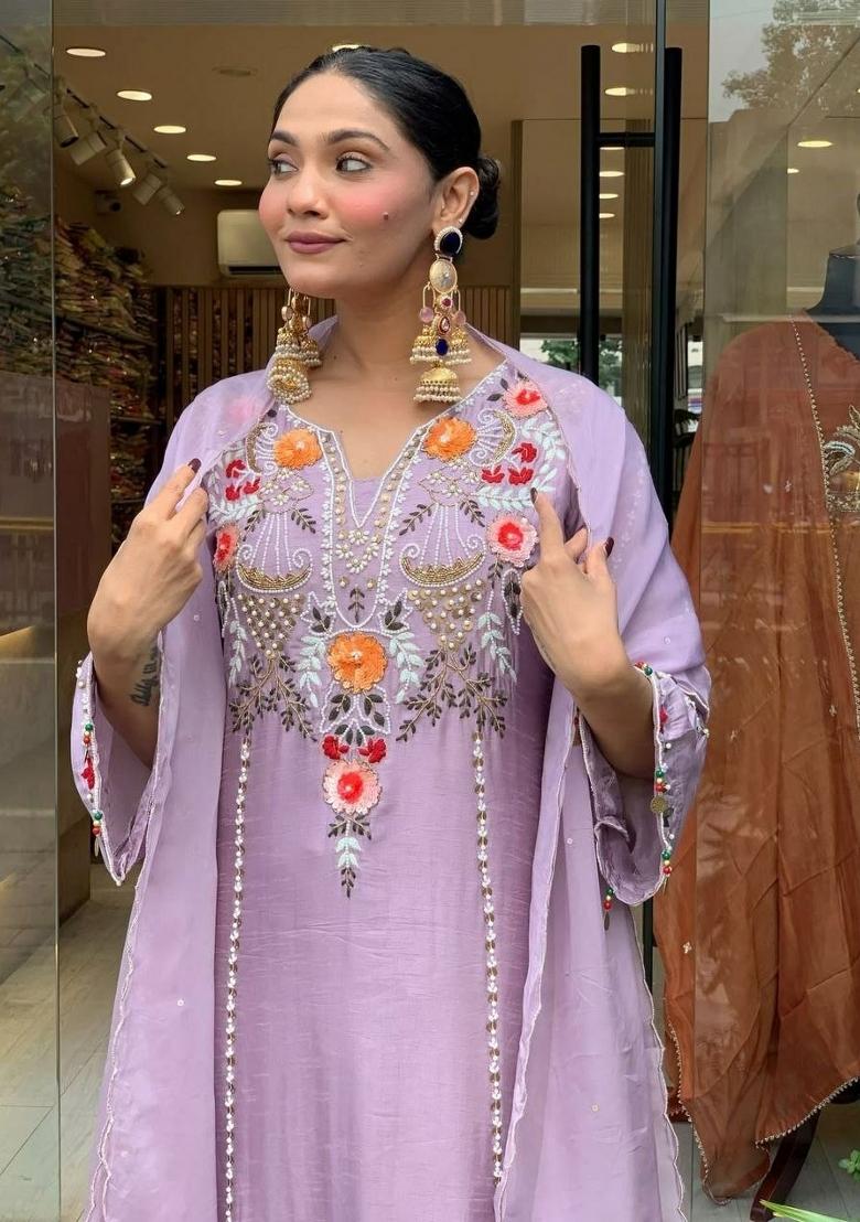 Lavender Embroidery Silk Kurta Set - Indya
