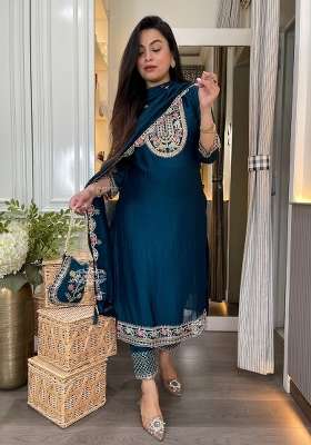 Rama Green Embroidery Silk Salwar Suit Set