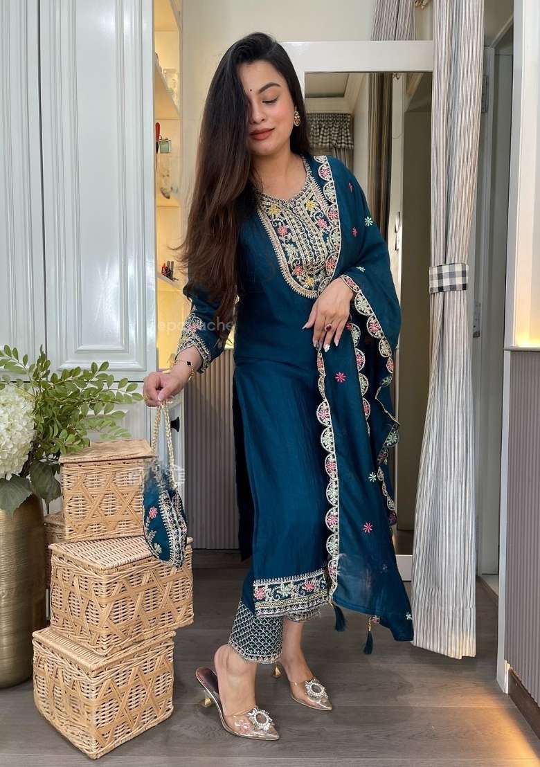 Rama Green Embroidery Silk Salwar Suit Set - Indya