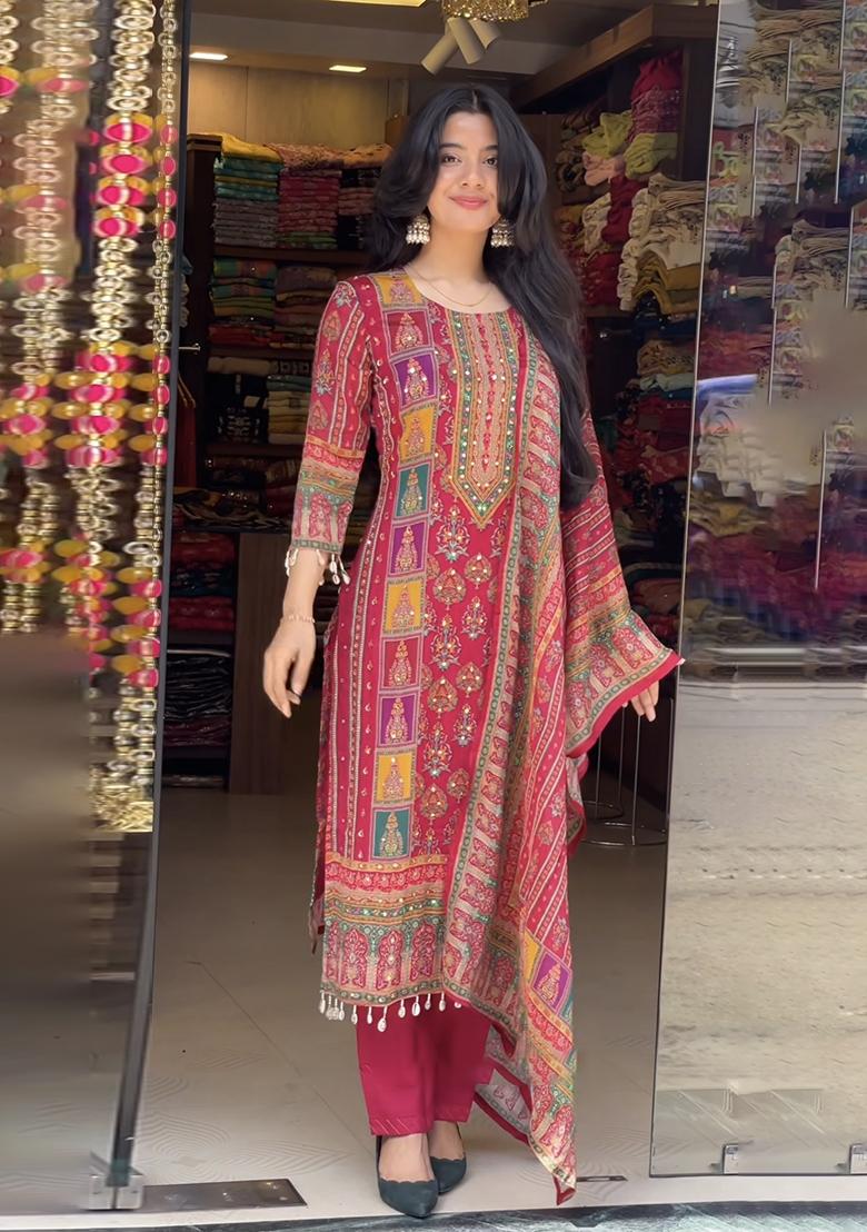 Pink Embroidery Silk Salwar Suit Set - Indya