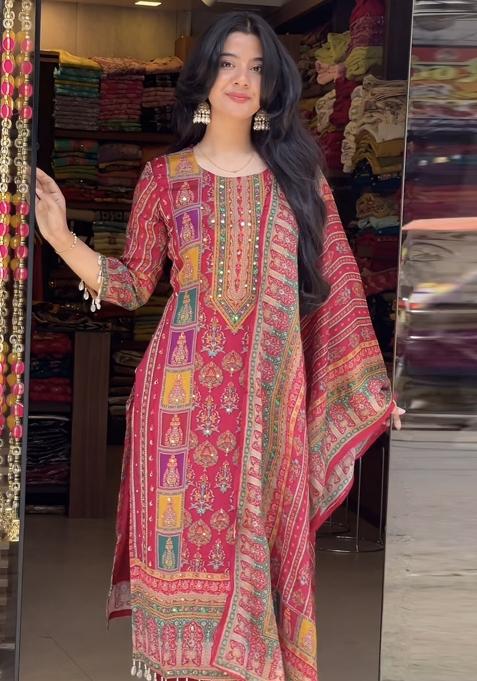Pink Embroidery Silk Salwar Suit Set — view on Indya