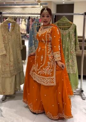 Orange Embroidery Silk Salwar Suit Set