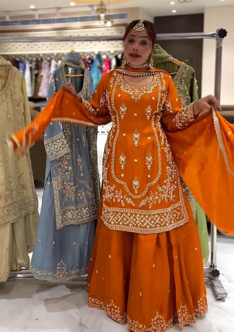 Orange Embroidery Silk Salwar Suit Set - Indya