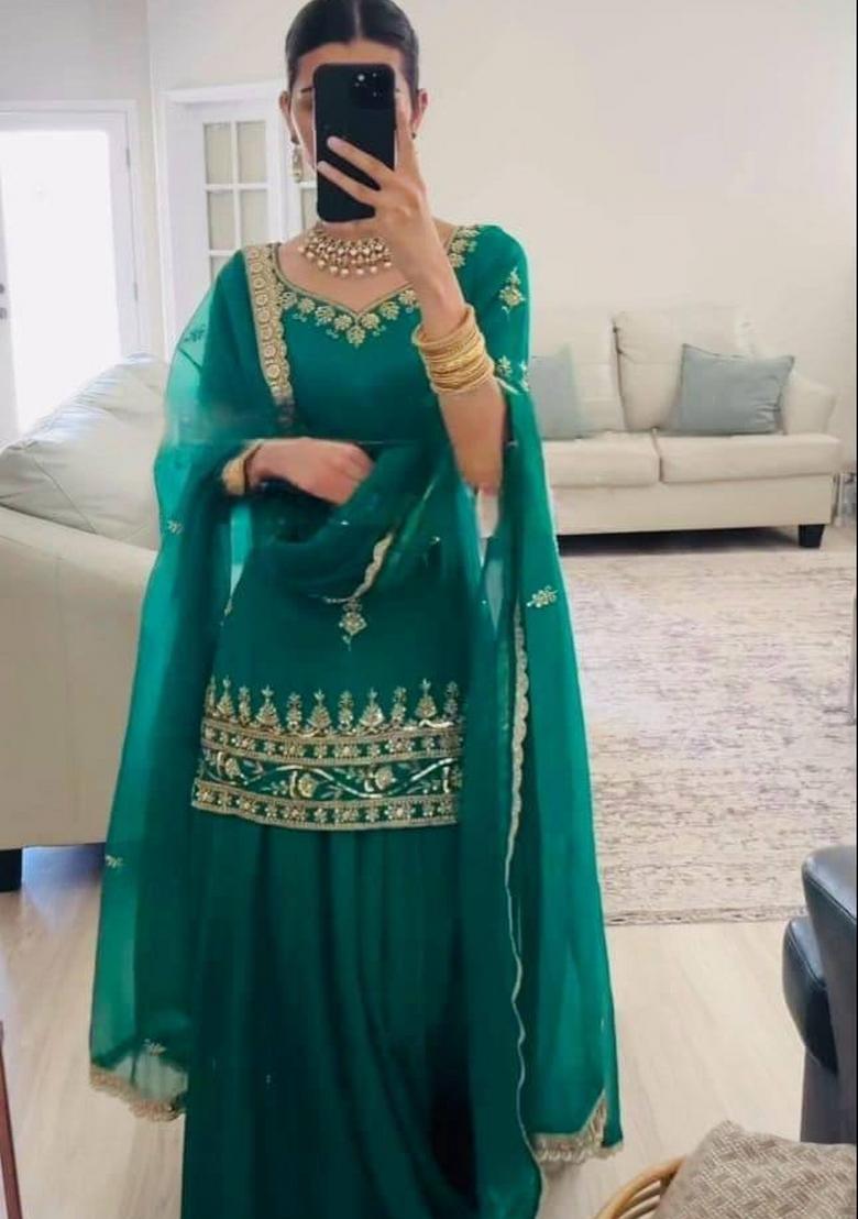 Green Embroidery Silk Salwar Suit Set - Indya