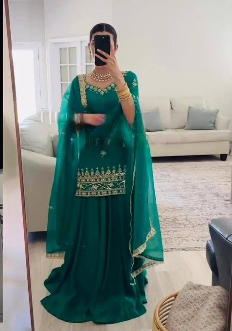 Green Embroidery Silk Salwar Suit Set — view on Indya