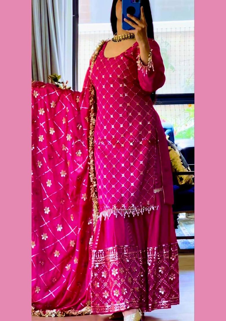 Pink Embroidery Silk Palazzo Set - Indya