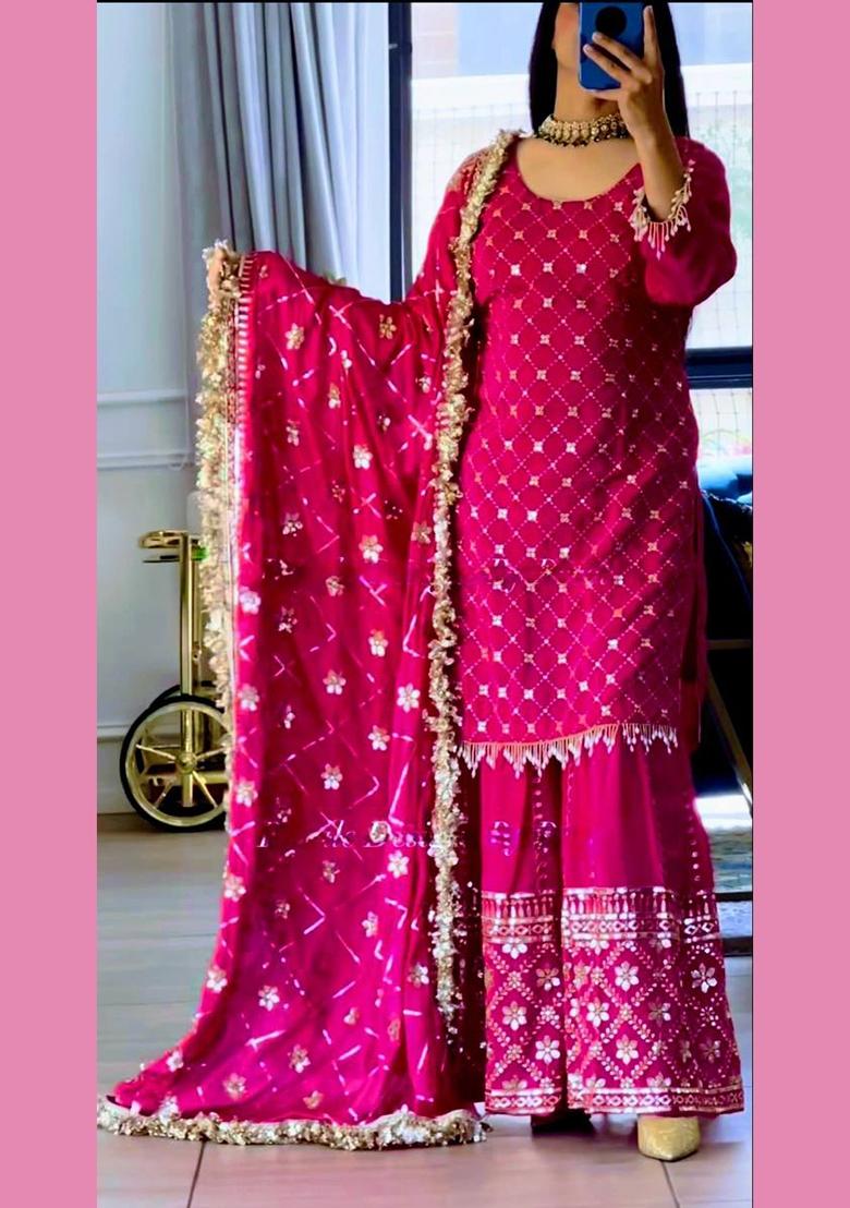 Pink Embroidery Silk Palazzo Set - Indya