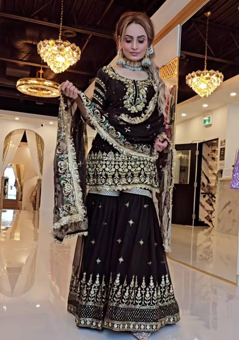 Black Embroidery Georgette Salwar Suit Set - Indya