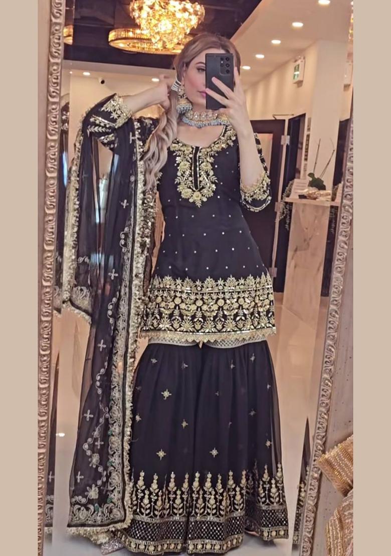 Black Embroidery Georgette Salwar Suit Set - Indya
