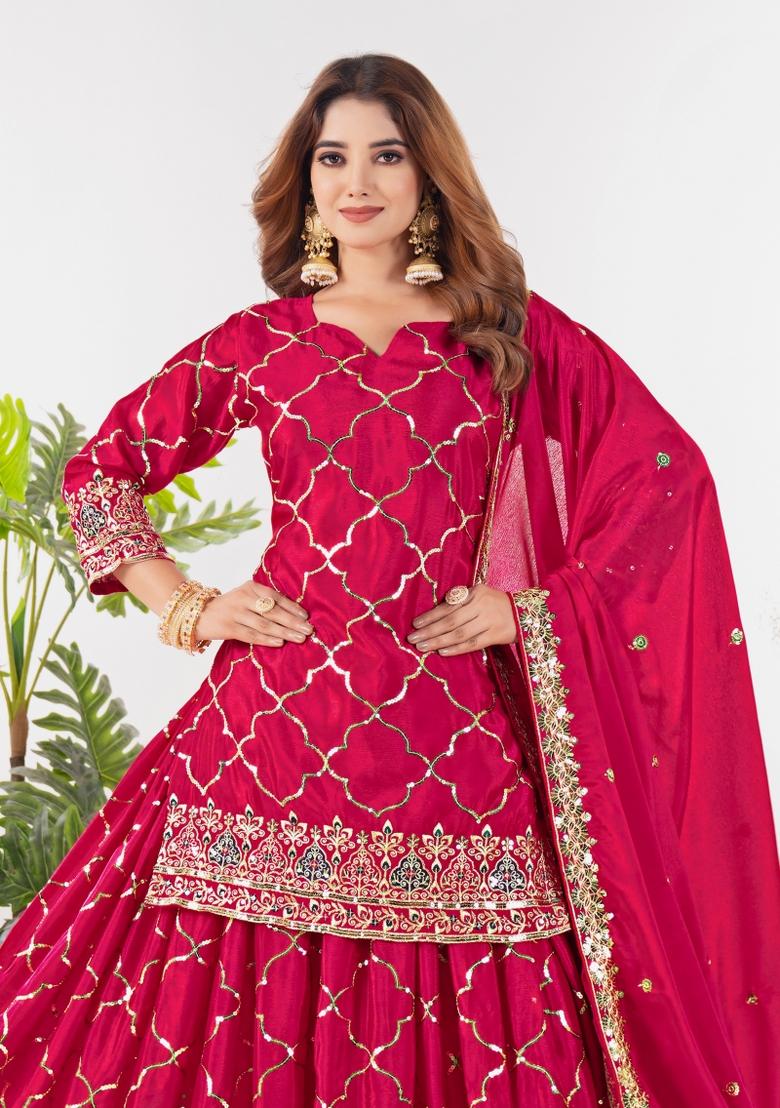 Red Embroidery Silk Salwar Suit Set - Indya