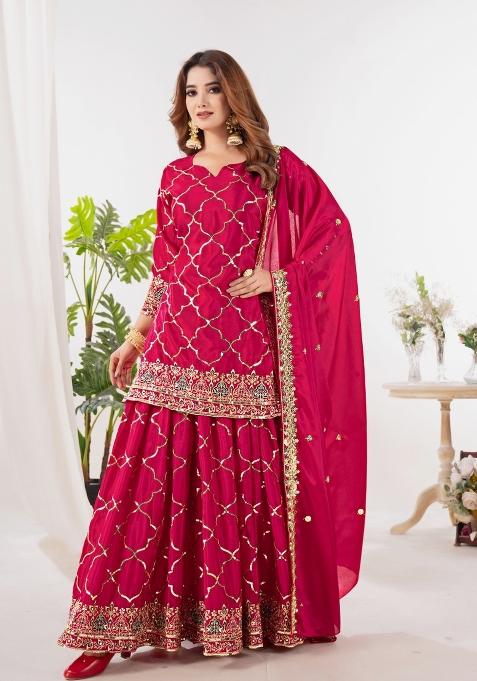 Red Embroidery Silk Salwar Suit Set — view on Indya