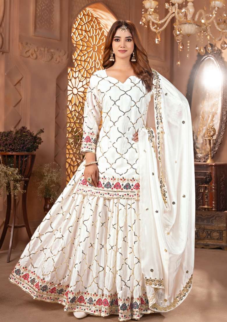 White Embroidery Silk Blend Salwar Suit Set - Indya
