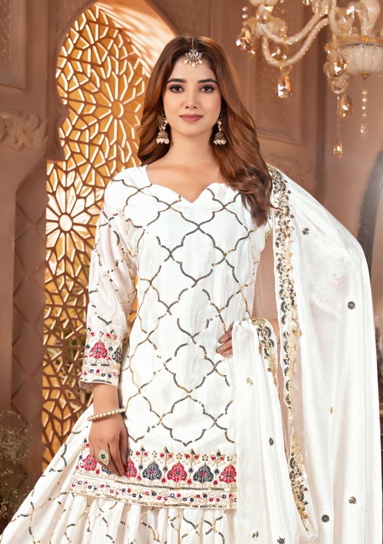 White Embroidery Silk Salwar Suit Set - Indya