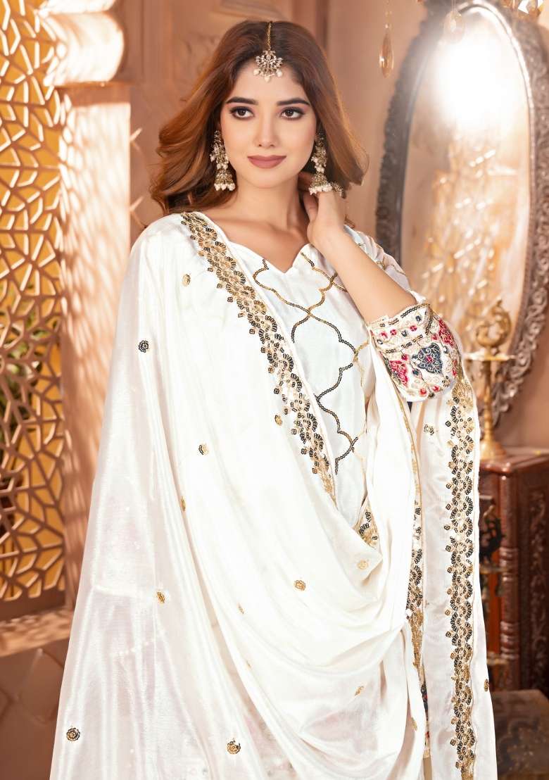 White Embroidery Silk Blend Salwar Suit Set - Indya