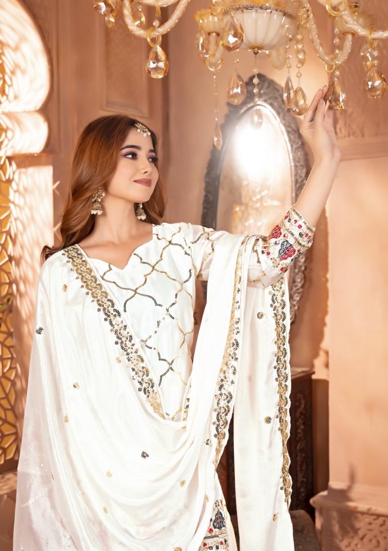 White Embroidery Silk Salwar Suit Set - Indya