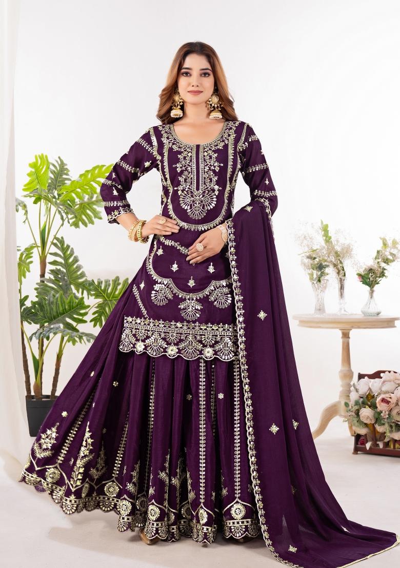 Wine Embroidery Silk Salwar Suit Set - Indya