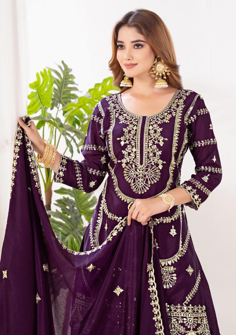 Wine Embroidery Silk Salwar Suit Set - Indya