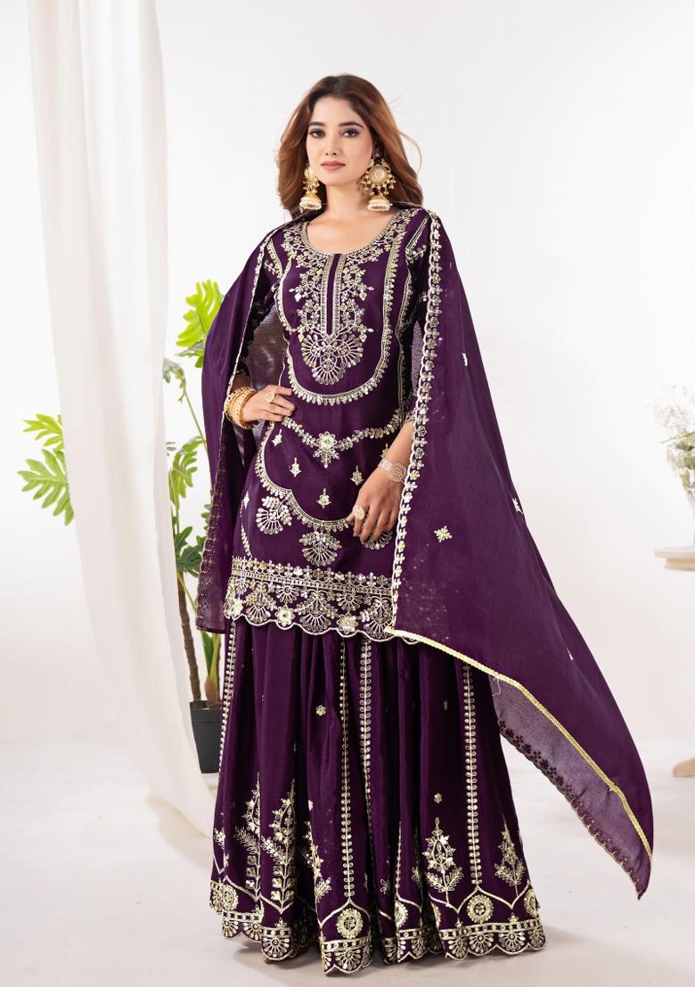 Wine Embroidery Silk Salwar Suit Set - Indya