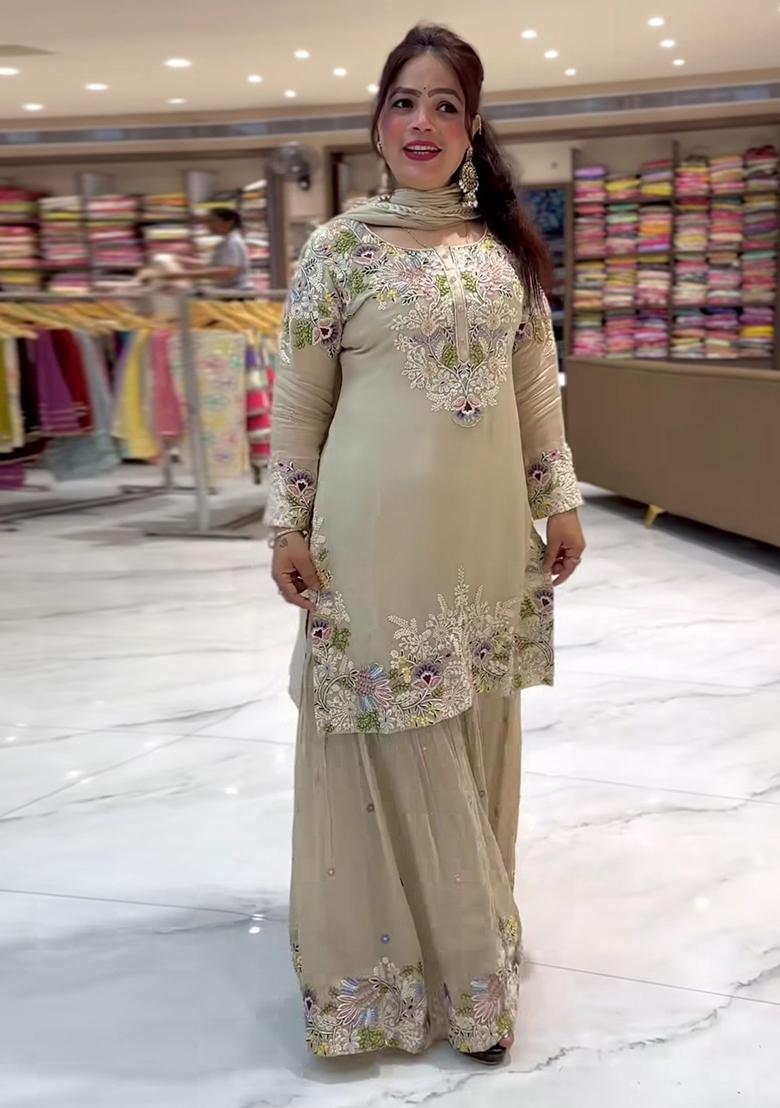 Pista Embroidery Crepe Salwar Suit Set - Indya