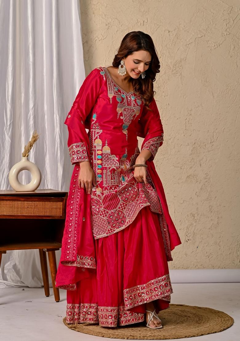 Red Embroidery Silk Sharara Set - Indya