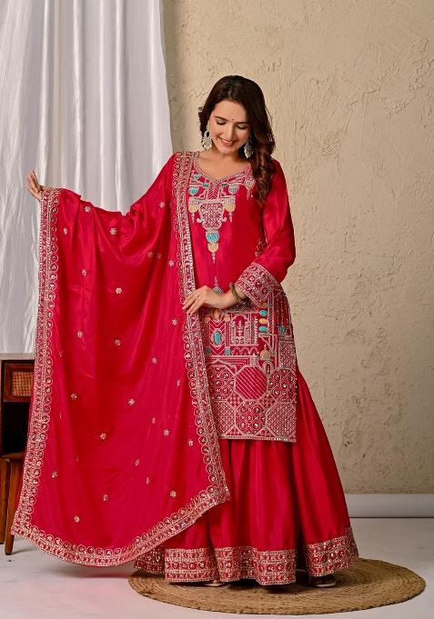 Red Embroidery Silk Sharara Set — view on Indya