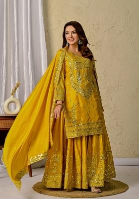 Yellow Embroidery Silk Sharara Set